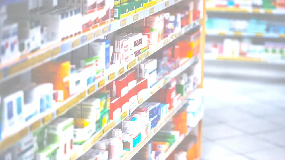 Shot of shelves stocked with various medicinal products in a pharmacy