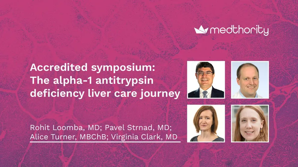 Thumbnail for Accredited symposium: The alpha-1 antitrypsin deficiency liver care journey, pink and purple Liver Cell background, KOL profile pictures, squared