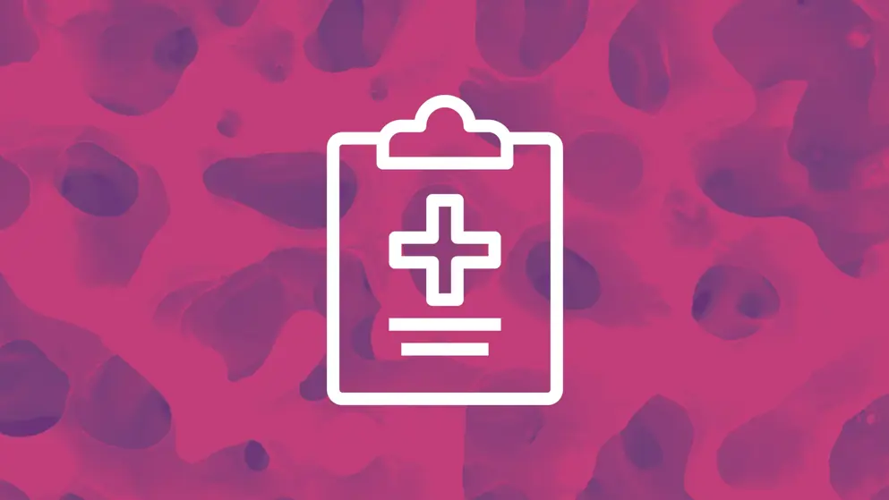 clipboard icon white outline. Pink and purple background showing bone marrow micrograph