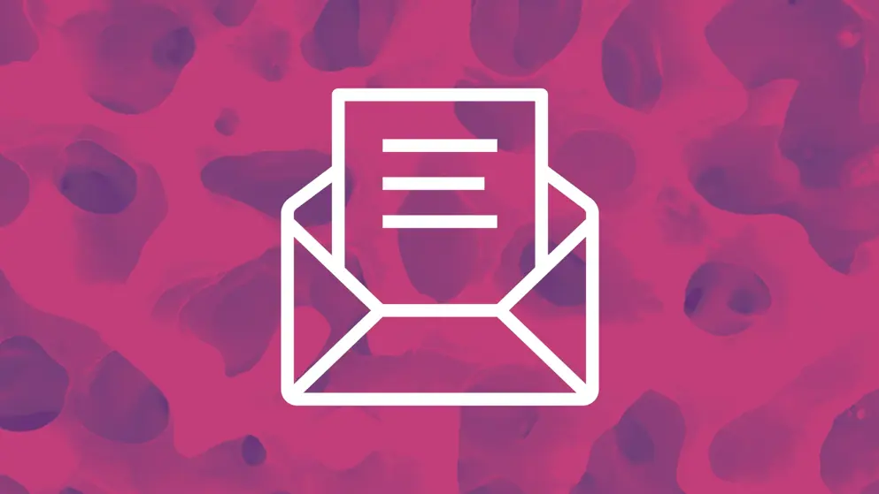 Contact us, open email logo white outline. Pink and purple background showing bone marrow micrograph