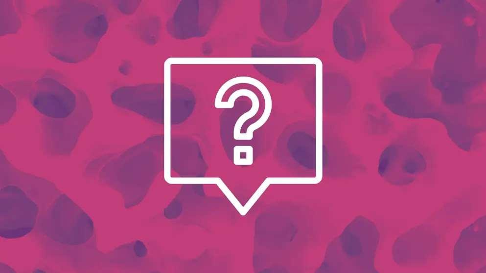 FAQ, message bubble and question mark logo white outline. Pink and purple background showing bone marrow micrograph