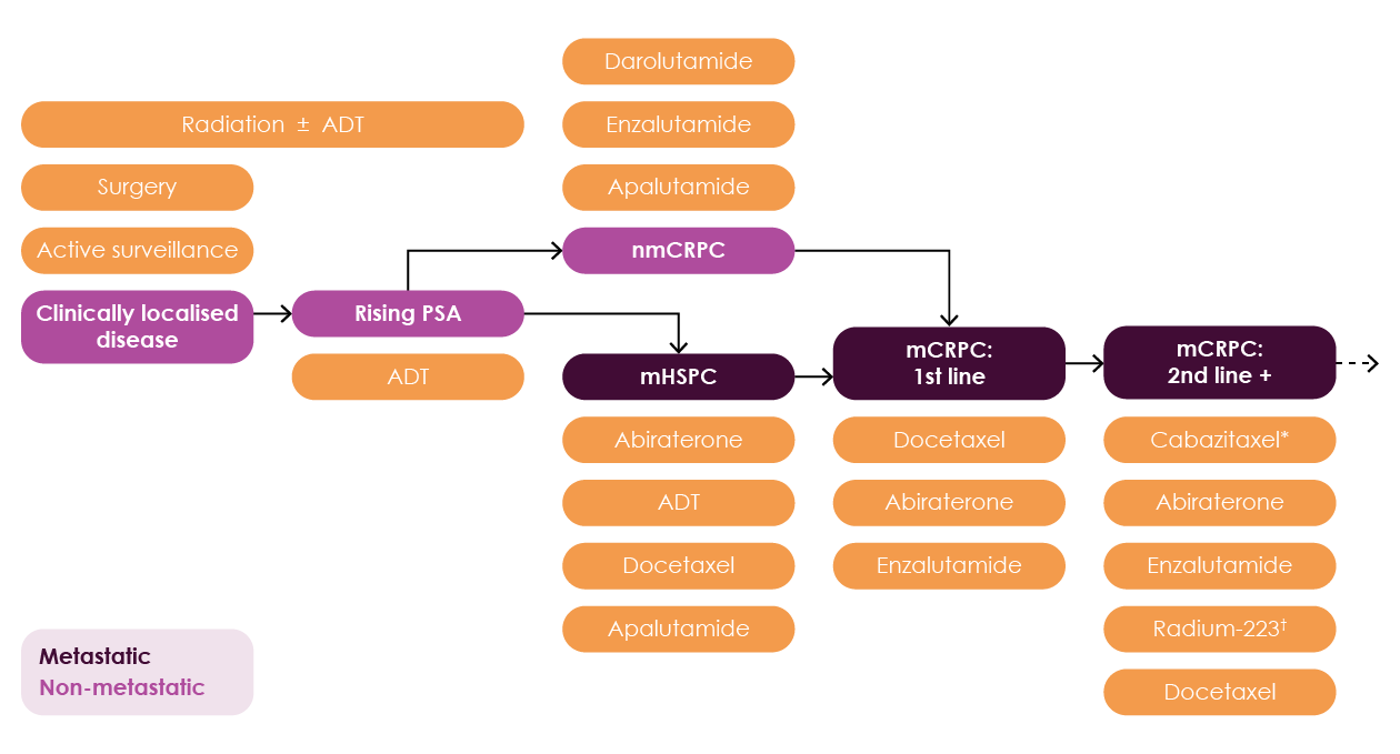 Figure 11. Prostate cancer treatment journey based on changing disease states. Existing standard of care treatments according to ESMO and EAU guidelines