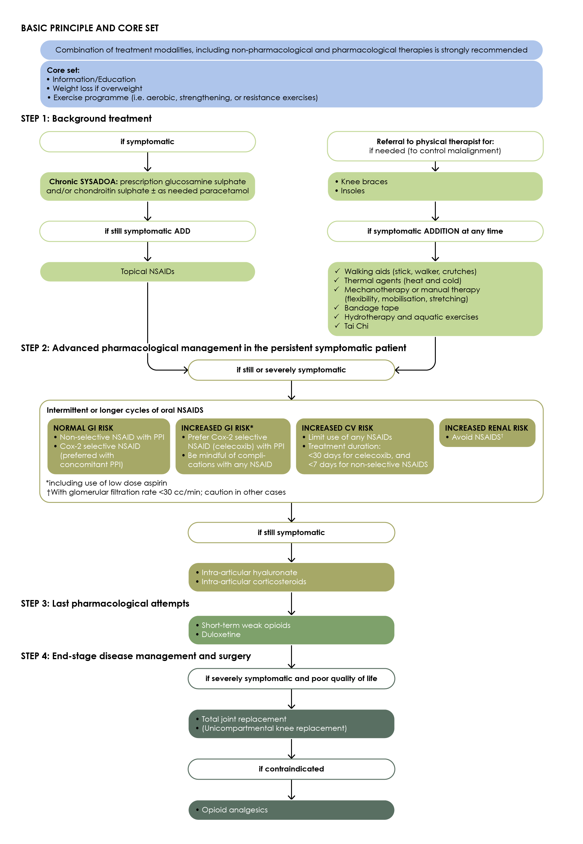 Figure 2. Updated ESCEO stepwise treatment algorithm for knee osteoarthritis