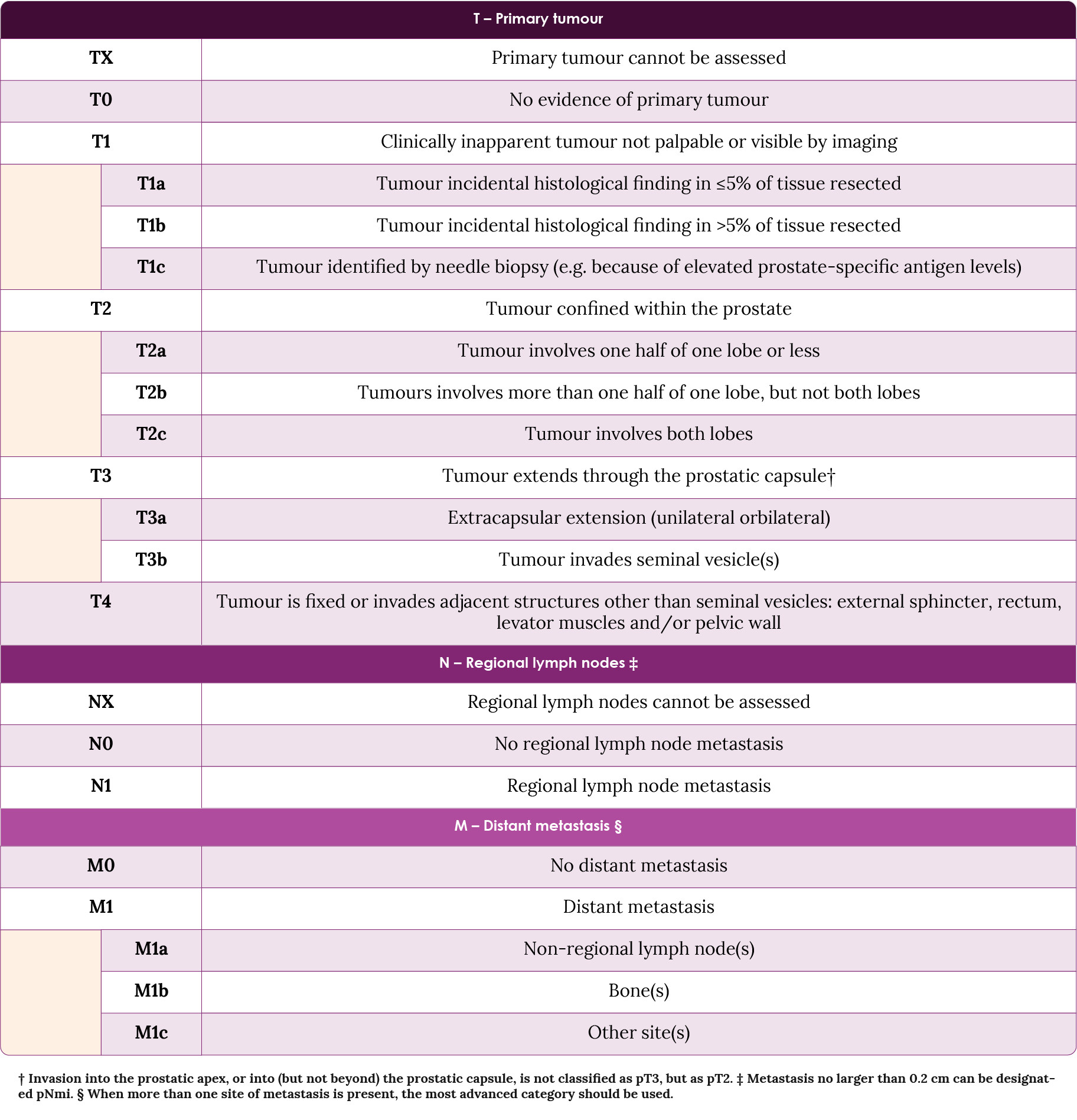 Table 3. Tumour Node Metastasis (TNM) classification (2017). Adapted from the EAU-ESTRO-ESUR-SIOG Guidelines on Prostate Cancer, 2020