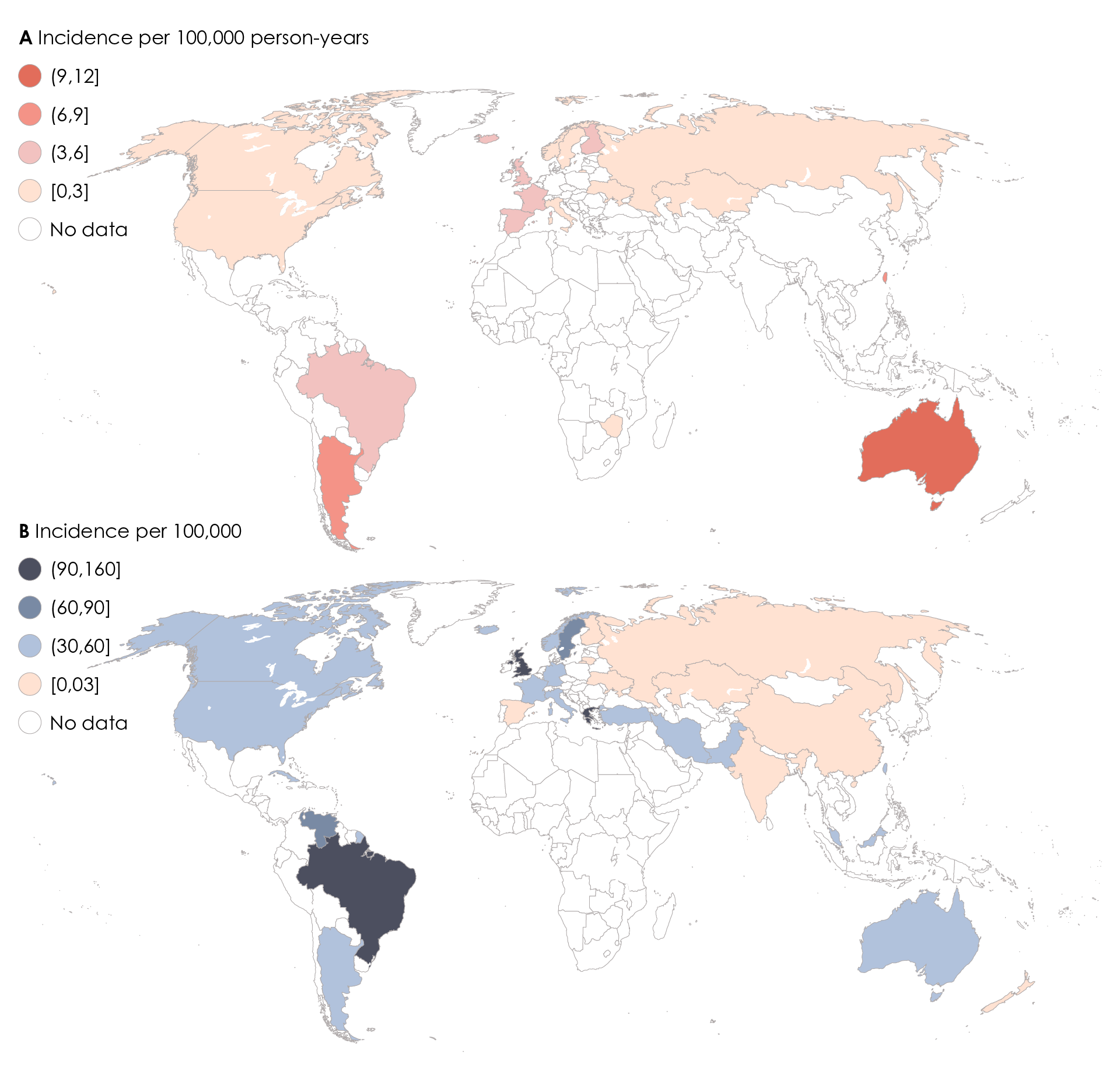 The global prevalence (A) and incidence (B) of SLE