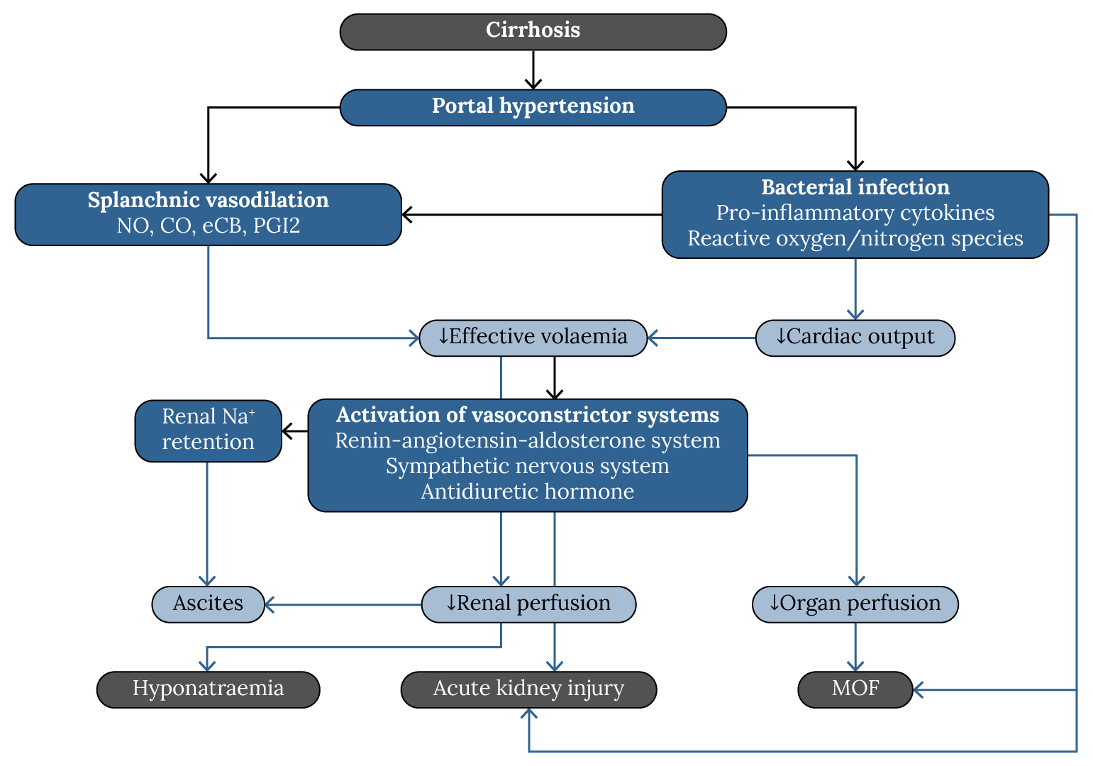 Outline of the main pathophysiological events and complications of cirrhosis resulting in ascites
