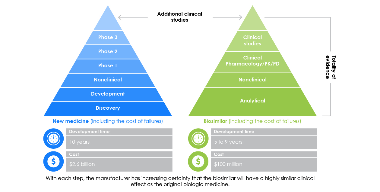 Drug development comparison. The development processes for biologics and biosimilars are considerably more rigorous than the development process for small molecule generics