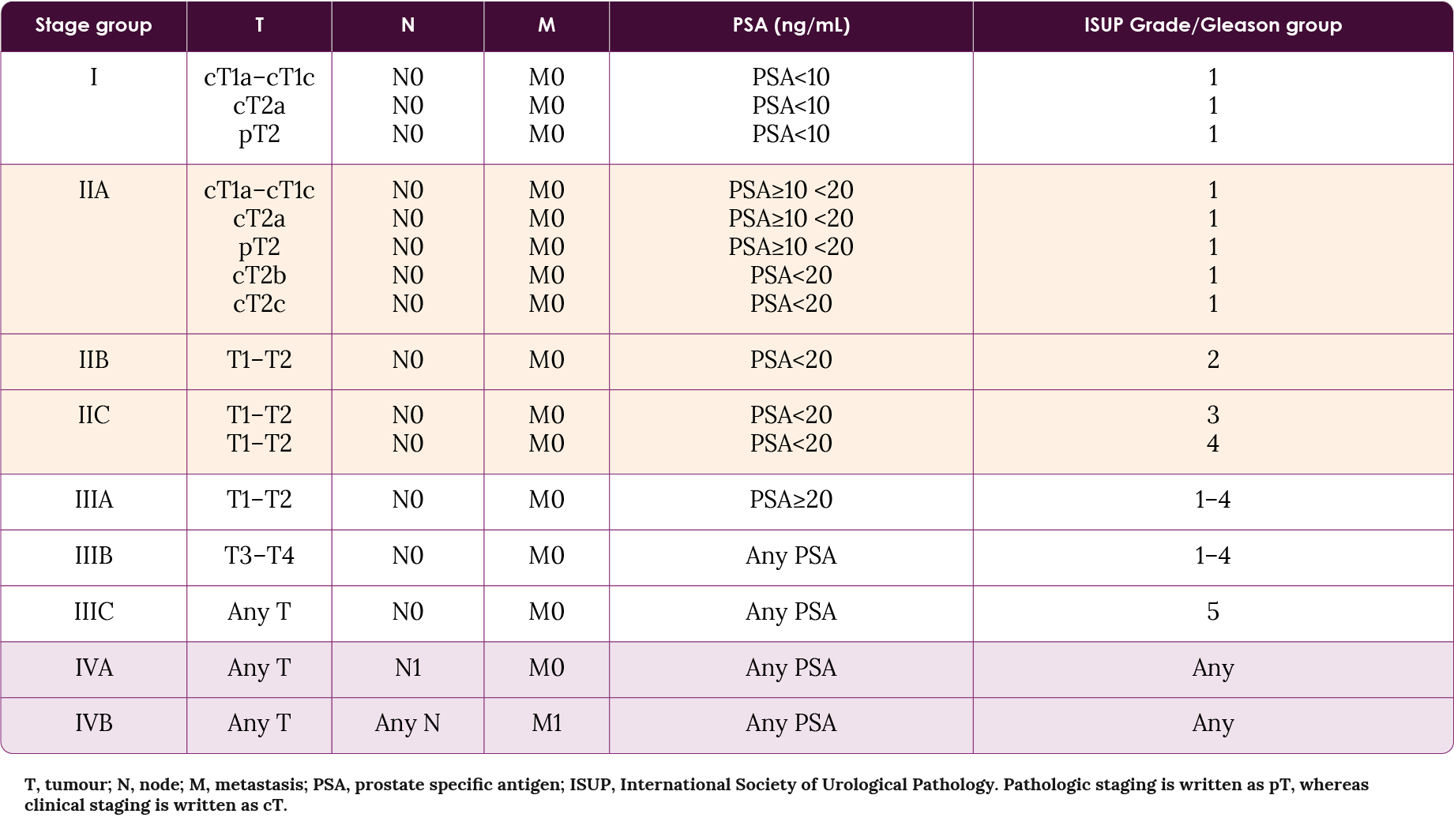 Table 4. Parameters for the stages of prostate cancer. Adapted from the American Cancer Society