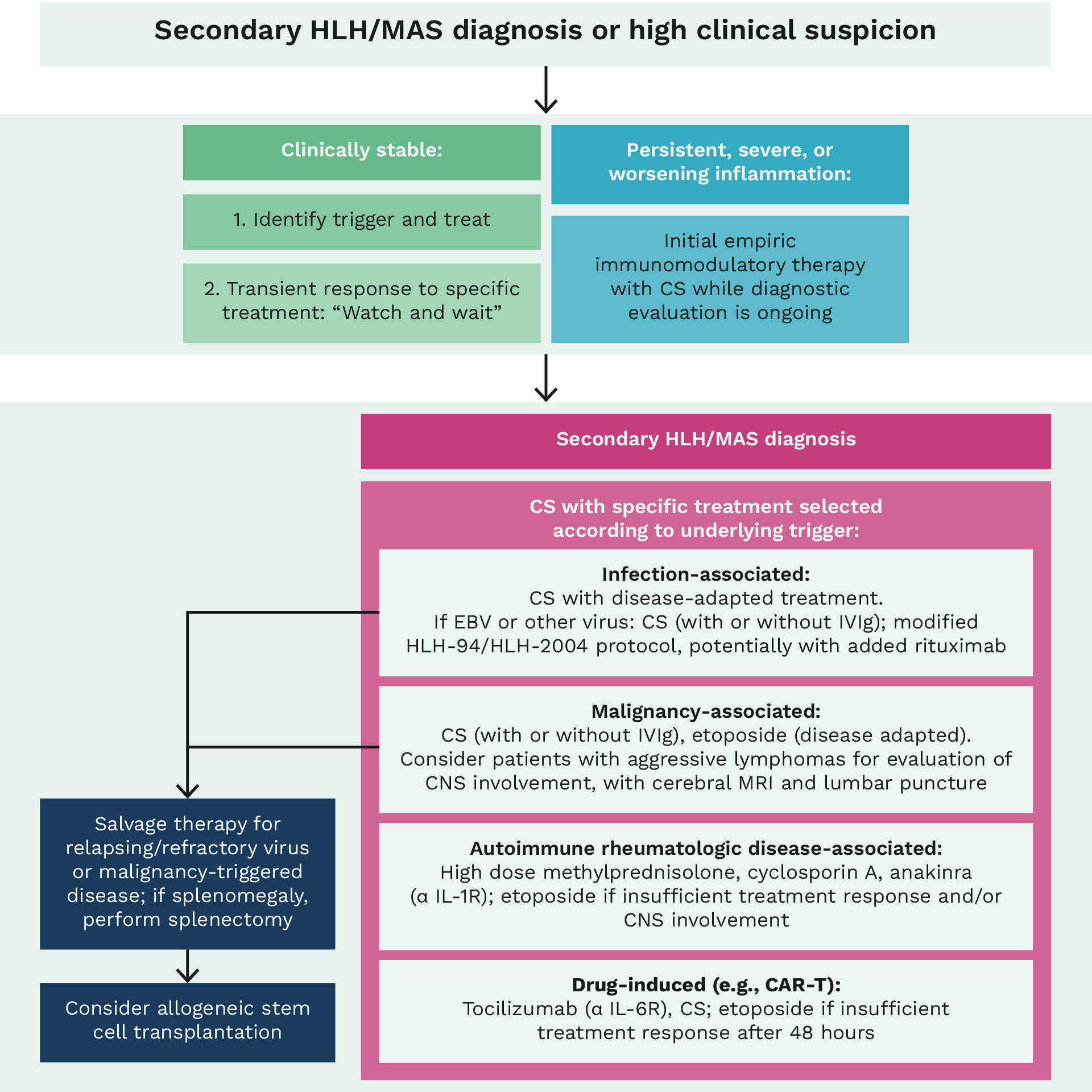 Flowchart illustrating the guideline-recommended treatment approaches for pediatric and adult patients with secondary HLH/MAS, categorized by underlying trigger: infection, malignancy, rheumatologic disease, or medication. Salvage therapy, including allogeneic stem cell transplantation, are potential options for some forms of refractory disease.