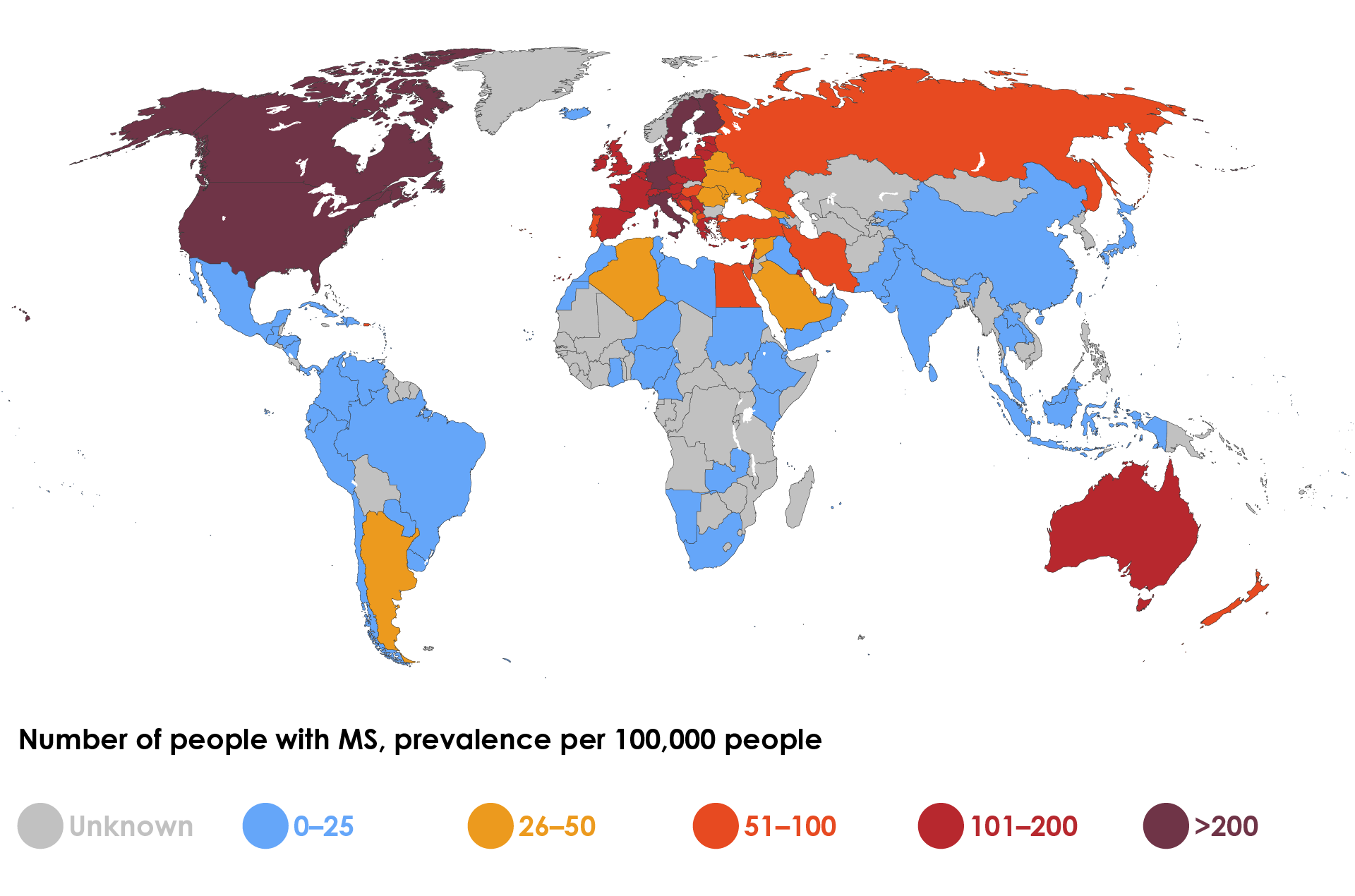 Number of people with multiple sclerosis per 100,000 worldwide, 2020