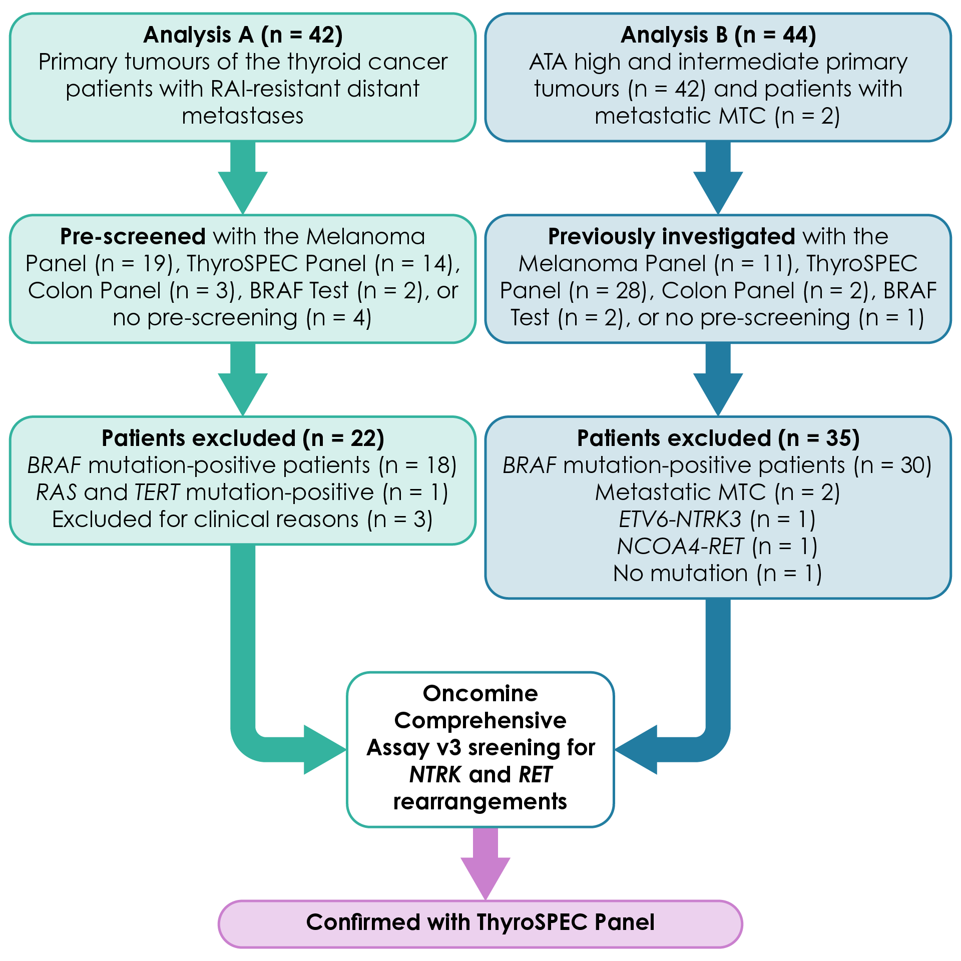 Outline of the screening approach undertaken by the researchers for detection of NTRK and RET gene fusions in Analyses A and B